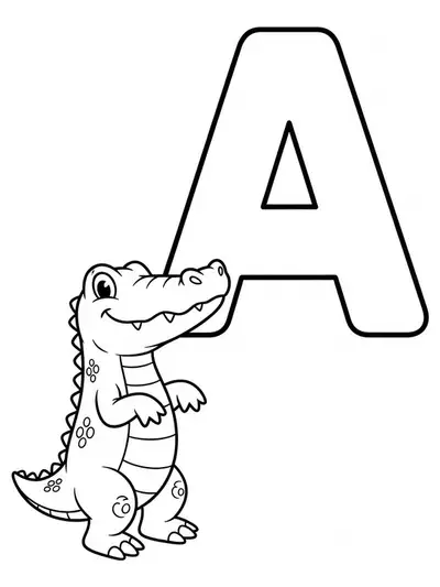 Large letter A with a simple cartoon alligator beside it, suitable for preschool coloring.