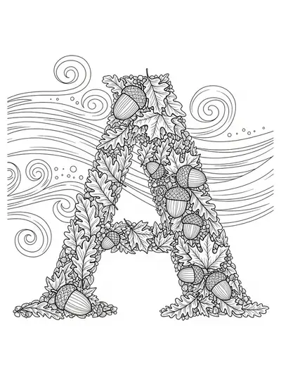 Letter A surrounded by detailed autumn leaves, acorns, and swirling wind patterns, hard coloring page for preschool