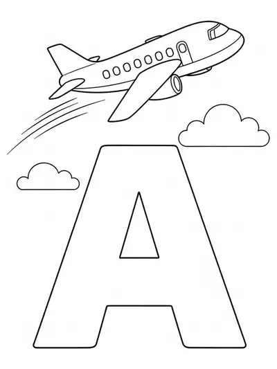 Large letter A with a cartoon airplane flying above, easy vehicle-themed coloring page