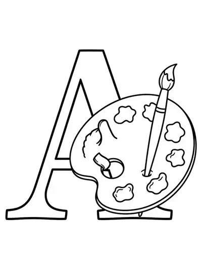 Big letter A with a simple artist palette and paintbrush for an easy art-themed coloring page