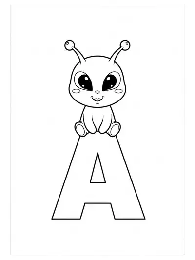 Large letter A with a smiling cartoon alien for an easy fantasy coloring page