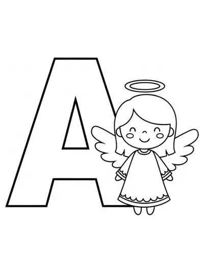 Large letter A with a simple cartoon angel, easy coloring page for preschool children.