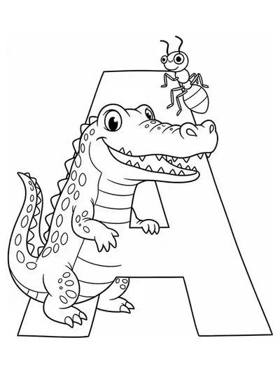 Large letter A with a friendly alligator and an ant, easy animal-themed coloring page