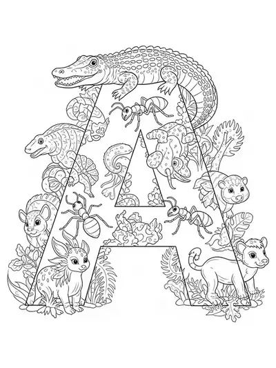 Letter A with detailed parade of animals such as alligators, ants, and armadillos, hard coloring page for preschool
