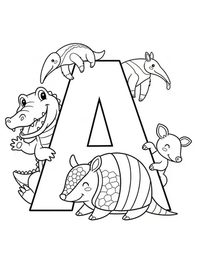 Coloring page of the letter A with a parade of various animals for preschoolers.