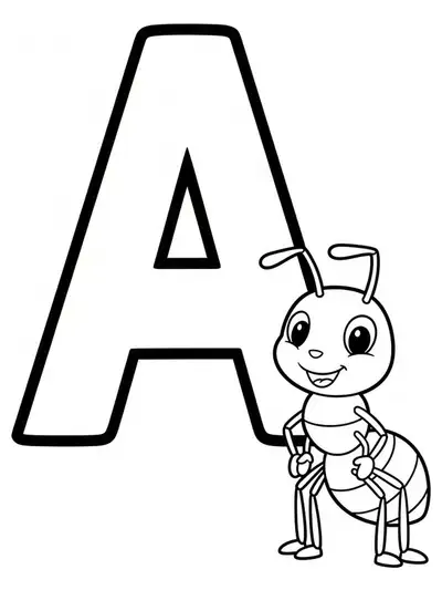 Large letter A with a simple cartoon ant beside it, designed for easy preschool coloring.