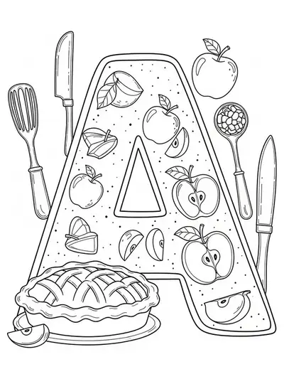 Coloring page with the letter A, an apple pie, apples, and baking tools.