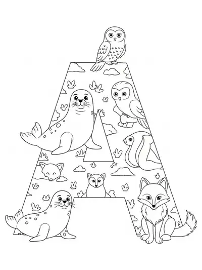 Coloring page featuring the letter A with Arctic animals such as polar bear, seal, and snowy owl.