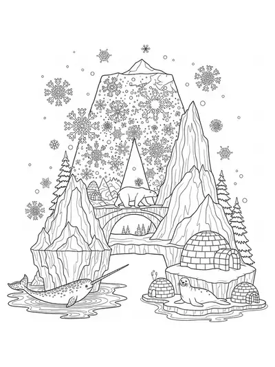 Letter A surrounded by detailed arctic animals, igloos, and snowflakes, hard coloring page for preschool