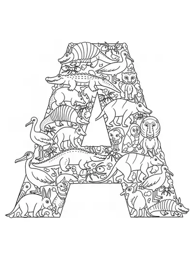 Letter A with intricately detailed alligators, armadillos, ants, and other animals for coloring.