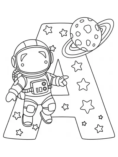 Large letter A with a simple cartoon astronaut and stars for elementary coloring