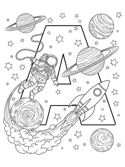Letter A with astronaut, rockets, planets, stars, and intricate space details, hard coloring page for preschool