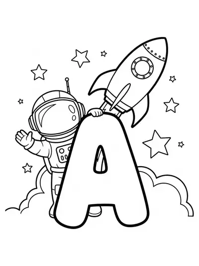 Coloring page with the letter A, a cartoon astronaut, stars, and a rocket.