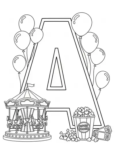 Letter A with a carousel, balloons, tickets, and popcorn at an amusement park, medium detail