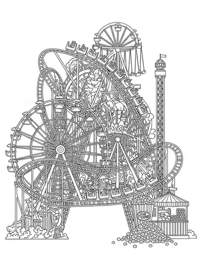 Letter A decorated with roller coasters, Ferris wheel, popcorn, and amusement park rides in a detailed coloring design.