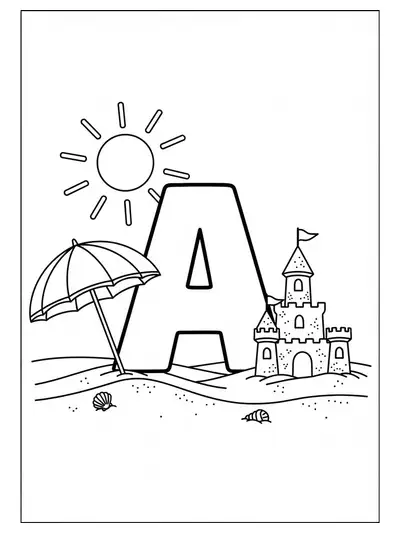 Big letter A on a beach with umbrella, sun, and sandcastle outlines for kids to color