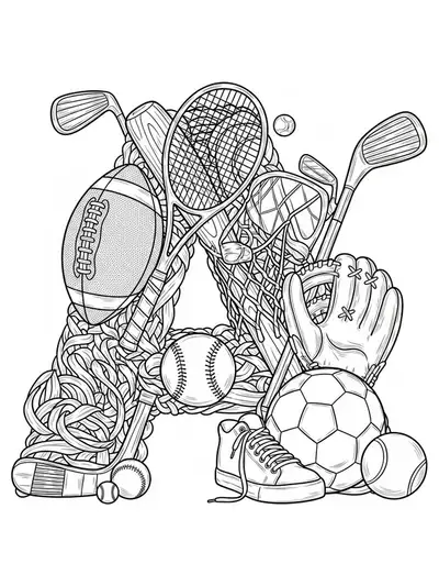 Letter A with detailed sports equipment like balls, bats, and sneakers, hard coloring page for preschool