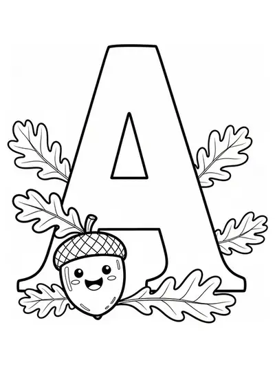 Large letter A with an acorn and simple autumn leaves, easy preschool coloring page.