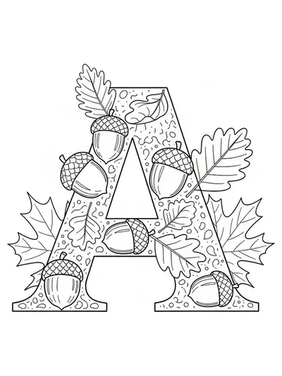 Coloring page with letter A, fall leaves, and acorns for preschool children.