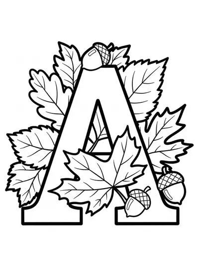 Large letter A with big autumn leaves and acorns for an easy fall coloring page