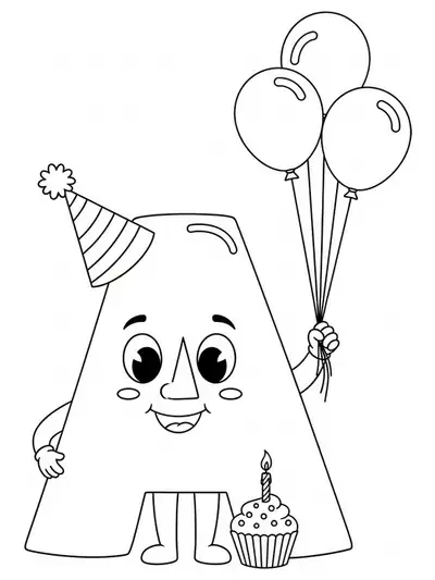 Large letter A with balloons, party hat, and cupcake for a birthday-themed coloring page