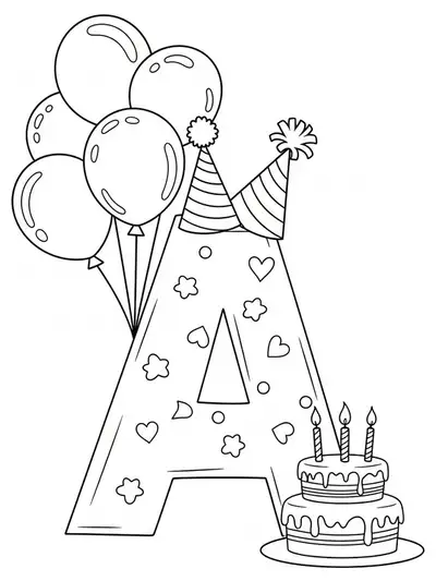 Coloring page featuring the letter A with balloons, a birthday cake, and party decorations.