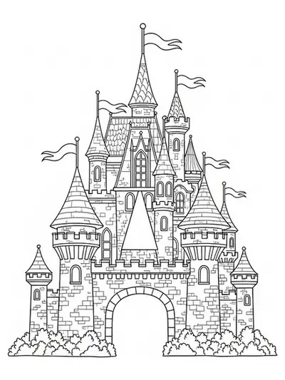 Letter A with detailed fairy tale castle, turrets, flags, and fantasy elements, hard coloring page for preschool