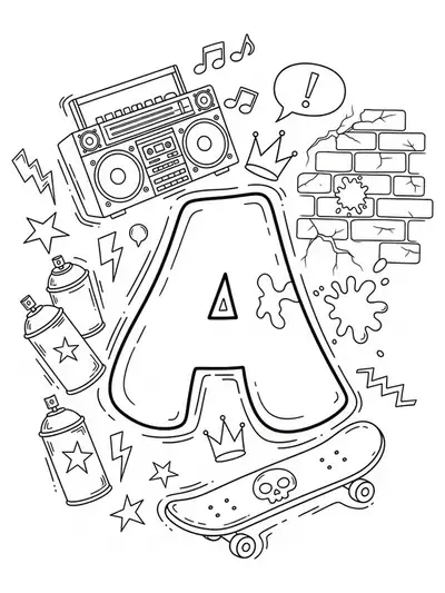 Graffiti-themed letter A with urban art elements and spray paint motifs for teens to color.