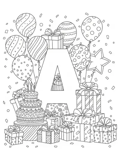 Letter A with detailed balloons, cakes, presents, and confetti, hard coloring page for preschool