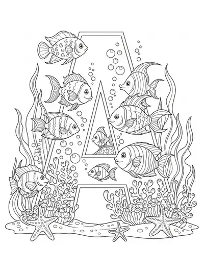 Letter A surrounded by fantasy fish, seaweed, starfish, and bubbles in an aquarium, medium detail