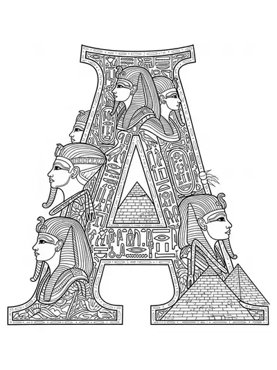Letter A illustrated with Egyptian pyramids, hieroglyphics, and pharaohs in intricate patterns for coloring.