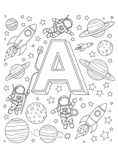 Letter A floating in space with detailed rockets, planets, astronauts, and stars for coloring.