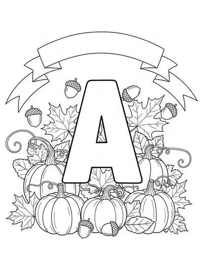 Letter A decorated with pumpkins, falling leaves, acorns, and festive banners, medium detail