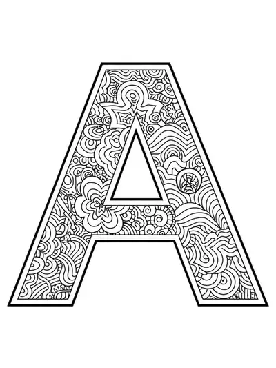 Letter A surrounded by interlocking Escher-style tessellation patterns, hard complexity adult coloring page.