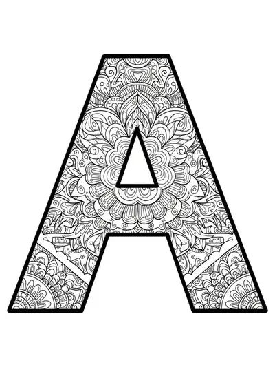 Complex letter A with mandala and architectural motif patterns, hard adult coloring page.