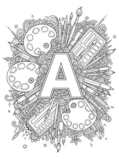 Letter A surrounded by art supplies—paintbrushes, palettes, pencils, and detailed swirls for coloring.