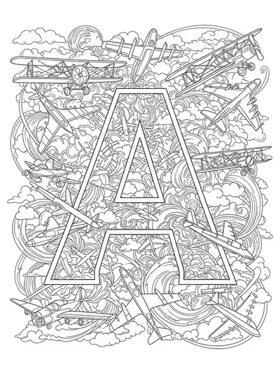 Letter A with intricately detailed airplanes, clouds, and flight trails for coloring.
