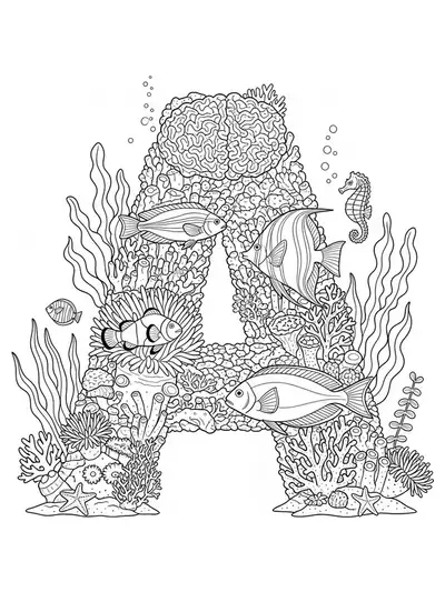 Letter A surrounded by detailed sea animals, coral, and ocean waves, hard coloring page for preschool