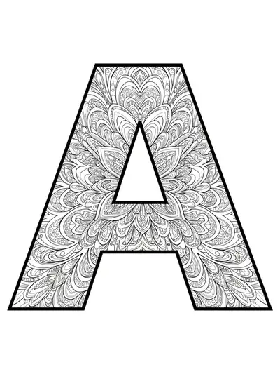 Intricate fractal lines and abstract motifs filling letter A, hard adult coloring page.