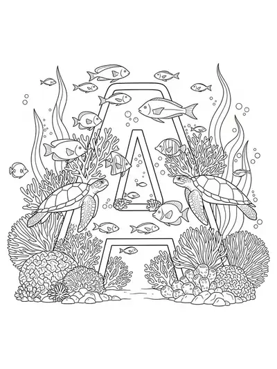 Letter A surrounded by fish, turtles, coral, and bubbles in a detailed underwater scene for coloring.