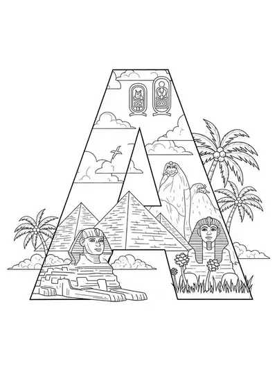 Letter A with pyramids, sphinx, hieroglyphs, and palm trees, Ancient Egypt theme, medium detail