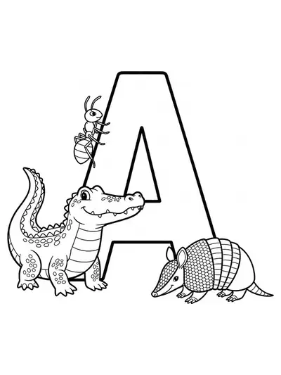 Letter A with an alligator, ant, and armadillo nearby, medium detail