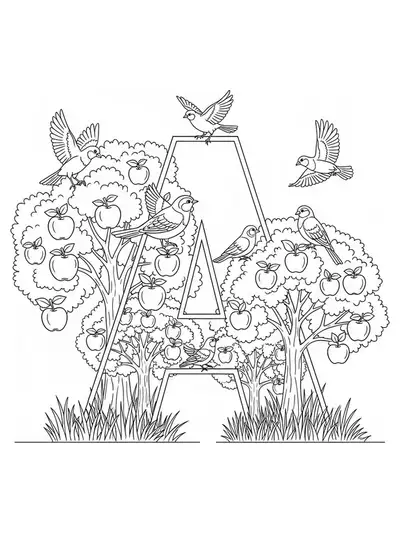 Letter A surrounded by apple trees, apples, and birds in an orchard scene, medium detail