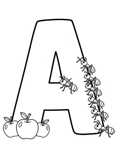 Coloring page showing the letter A with apples and ants for preschoolers.