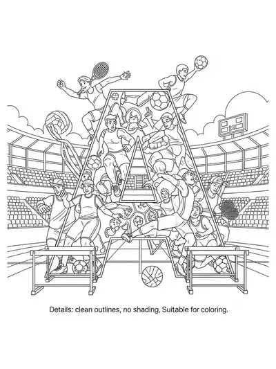 Letter A with athletes running, jumping, sports equipment, and a stadium background, medium detail