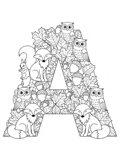 Letter A surrounded by detailed autumn leaves, foxes, squirrels, and owls in a forest scene for coloring.