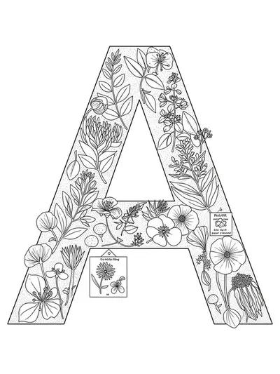 Letter A combined with intricate botanical herbarium details and fine plant labels, adult hard coloring page.