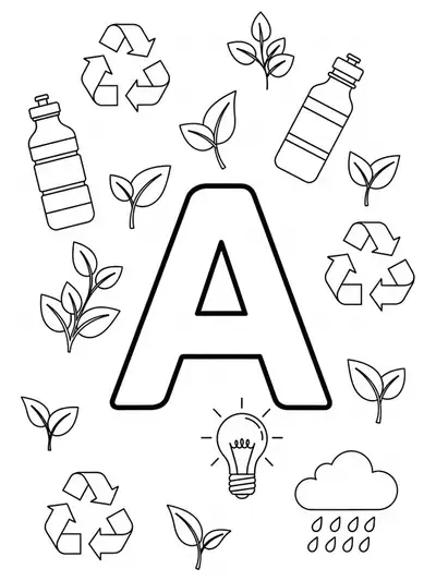 Easy coloring page of the letter A surrounded by eco-friendly icons like recycling and leaves, designed for teens