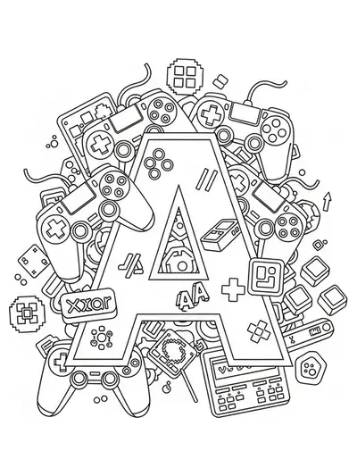 Easy coloring page of the letter A surrounded by video game controllers and icons, designed for teens