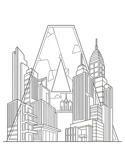 Easy coloring page of the letter A with simple minimalist architecture and city buildings, designed for teens